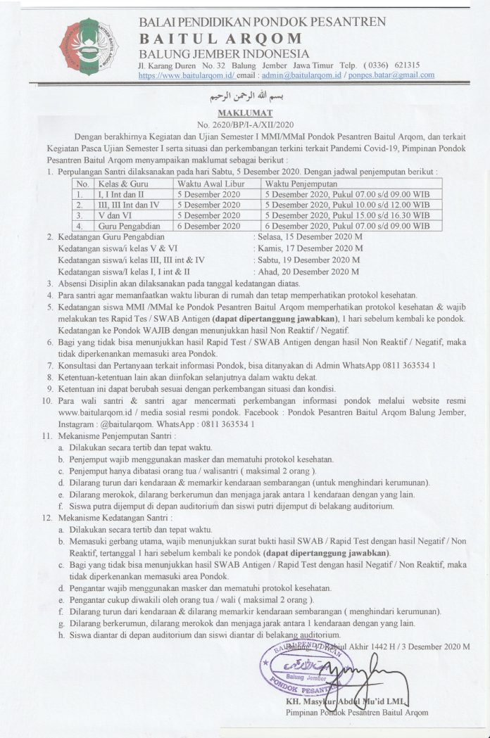 MAKLUMAT PASCA UJIAN SEMESTER I 2020 - 2021